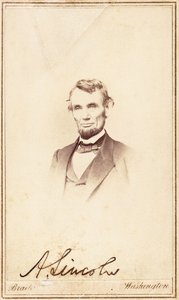 Abraham Lincoln, underskrevet carte-de-visite, 1864 af Anthony Berger