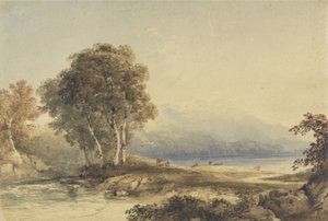 Bjerglandskab med sø og vandløb (wc over grafit på vævet papir) af Anthony Vandyke Copley Fielding