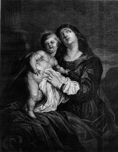 Jomfruen og Jesusbarnet. Gravering efter et maleri af Anton (Antoon eller Anthony) van Dyck (1599-1641). Indgravering i "" Le Monde Illustré"" nr. 1239 af 25. december 1880. af Anthony van (after) Dyck