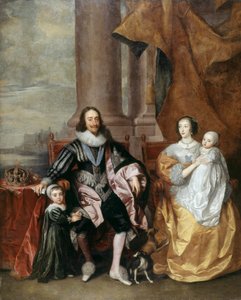 Charles I, Dronning Henrietta og to af deres ældste børn (olie på panel) af Anthony van (follower of) Dyck