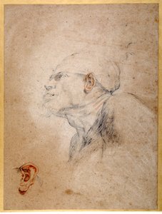 En mands hoved bandageret, hans venstre øre øvet separat (sort og rød kridt på papir) af Anthony van Dyck
