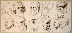 Elleve hovedstudier (pen og brunt blæk på papir) af Anthony van Dyck