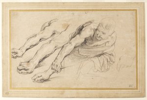 Figur af en mand, der bøjer sig frem med højre arm strakt; tre undersøgelser af højre arm og en af venstre hånd for samme figur (kridt på papir) af Anthony van Dyck