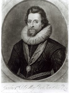 Portræt af James I (1566-1625) efter en miniature af Nicholas Hilliard (1547-1619) fra 1617, indgraveret af George Vertue (1684-1756) af Anthony van Dyck