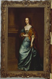 Portræt af Mary Villiers, hertuginde af Lennox og Richmond, i en blå kjole og brun omslag ved en søjle af Anthony van Dyck