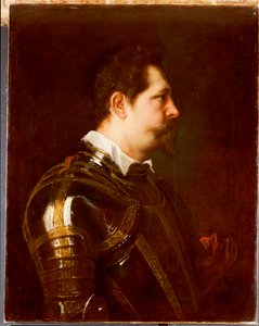 Portræt af en generel, bustelængde, i damasceneret rustning med hvid krave og rødt skær af Anthony van Dyck