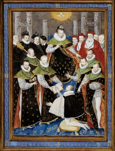 Kong Henrik III (1551-1589) præsiderer over den første ceremoni af Helligåndsordenen (Helligåndsordenen) i 1587 Miniature af William Richardiere (1500-tallet) efter Antoine Caron (1521-1599) 1587 Chantilly, Musee Conde - Kong Henrik III (15 af Antoine (after) Caron