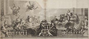 Design af Center Panel of Ceiling af Grand Gallery of Palais Royal, indgraveret af Nicolas Henri Tardieu (1674-1749) af Antoine (after) Coypel