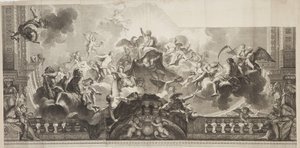 Design af Center Panel of Ceiling af Grand Gallery of the Palais Royal, indgraveret af Nicolas Henri Tardieu (1674-1749) af Antoine (after) Coypel
