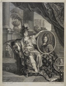 Ludvig XIV, konge af Frankrig, videnskabens beskytter - gravering af Antoine Coypel Historien om Det Kongelige Videnskabsakademi, år 1703 af Antoine (after) Coypel