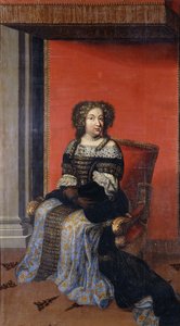 Portræt af dronning Maria Theresa, siddende i fuld længde, i en juvelbesat sort overdel med blondekrave og en blå og guld nederdel, på en trone (olie på lærred, uforet) af Antoine (after) Dieu