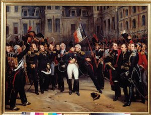 Abdikation af 1814 - "" Napoleon Bonapartes (1769-1821) farvel til den kejserlige vagt i gården til Cheval Blanc i Fontainebleau den 20/04/1814"" Maleri af Antoine Montfort (1802-1884) 1800-tallet søn. 0,98x1,3 m af Antoine Alphonse Montfort