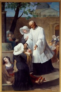 Saint Vincent de Paul (1581 - 1660) tager sig af pesticider (St. Vincent de Paul hjælper med pesten). Maleri af Antoine Ansiaux (1764-1840). Nantes, Museum of Fine Arts