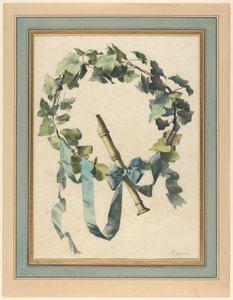 Tegning, trofæ med fløjte, efeu og blåt bånd, 1780-90 af Antoine Berjon