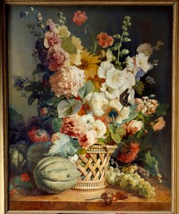 Flowers and fruit in a wicker basket. Painting by Antoine Berjondani