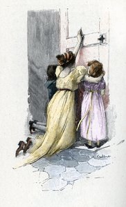 Josephine de Beauharnais græder sammen med sine børn Hortense og Eugene ved døren til Napoleon Bonapartes (1769-1821) værelse og nægter at åbne ham efter at have lært udenomsægteskabelige eventyr under sit ophold i Egypten