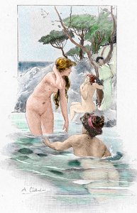 Odyssee af Homere: "Nausicaa, datter af kong Alcinous, og hendes tjenerinder vasker deres tøj i floden" Illustration af Antoine Calbet (1860-1944) til "The odyssee" af den græske digter Homere (Odyssey af Homer) 1897 Privat samling af Antoine Calbet