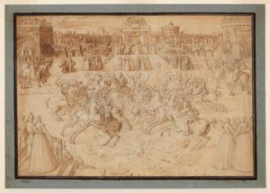 Et ridespil med ryttere, der dyster blandt fyrværkeri, 1575-c.1580 af Antoine Caron