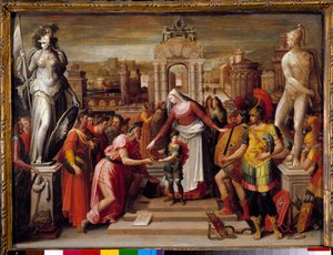 Historie om dronning Artemise Iere af Halicarnasse: "" Overdragelsen af bogen og epee"" Maleri af Antoine Caron (1521-1599) 1500-tallets søn. 0,51x0,67 m Beauvais, Musee departemental de l