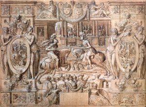 Turnering i anledning af ægteskabet mellem Catherine de Medici (1519-89) og Henri II (1519-59) i 1533 (pen og ind på papir) af Antoine Caron