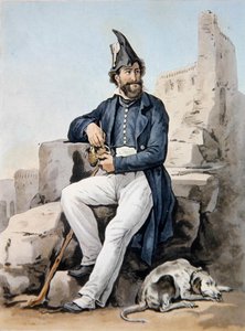 En skægget soldat (farve litho) af Antoine Charles Horace Vernet