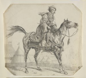 En mameluke, der sætter op på sin hest (sort kridt på papir) af Antoine Charles Horace Vernet