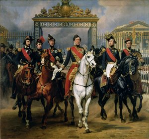 Kong Louis-Philippe (1773-1850) af Frankrig og hans sønner forlader slottet i Versailles til hest, 1846