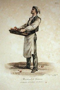 Kagesælgeren, nummer 1 fra serien The Cries of Paris, graveret af Francois Seraphin Delpech (1778-1825) af Antoine Charles Horace Vernet