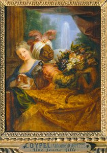 Ung sort pige holder en frugtkurv, og ung pige kærtegner en hund - Jeune noir tenant une corbeille de fruits et jeune fille caressant un chien ... af Antoine Coypel