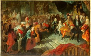 Kong Ludvig XIV (1638-1715) modtager den ekstraordinære ambassadør for Persien Mehemet Reza Bey (Raza-Bey) i isgalleriet i Versailles den 19/02/1715 Maleri tilskrevet Antoine Coypel (1661-1722) søn. 0,7x1,5 m