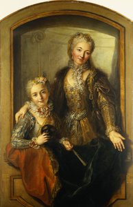 Portræt af Madame Dupille og hendes datter, midt på kroppen, klædt i balkjoler i et vindue, 1733 af Antoine Coypel