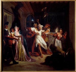 Sovende Don Quixote bekæmper skindene. "Den geniale gentleman Don Quixote fra La Mancha" af Miguel de Cervantes Saavedra (1547-1616). Maleri af Charles Antoine Coypel (1694-1752), mellem 1716. Olie på lærred. Mål: 1,23 x 1,28 m. Compiegne, Musee National