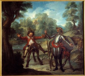 Historien om Don Quixote: Sancho vågner op og er desperat efter ikke at finde sin elskede Grison. "Den geniale gentleman Don Quixote fra La Mancha" af Miguel de Cervantes Saavedra (1547-1616). Maleri af Charles Antoine Coypel (1694-1752)