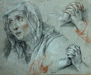 Studier til Jomfruens figur, ca. 1700 (sort og rødt kridt forhøjet med hvidt på papir) af Antoine Coypel