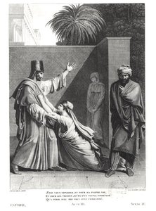Esther bønfalder Assuerus in the Presence of Aman, illustration fra Esther af Jean Racine (1639-99) indgraveret af J.J. Coiny (1761-1809)