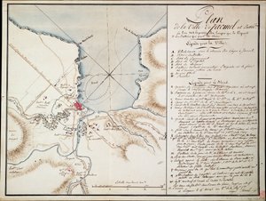 Omkring Jacmel, brugt til at angive linjer og stillinger, der blev besat under blokaden, og de batterier, der blev etableret for at opbygge det belejrede forsvar. af Antoine François Sorrel des Rivieres