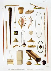 Husholdningsredskaber og våben fra Marianerne, fra Voyage autour du Monde (1817-20), af Louis Claude De Saulces de Freycinet (1779-1842) graveret af Jean Louis Denis Coutant (1776-1831), p. af Antoine Germain Bevalet