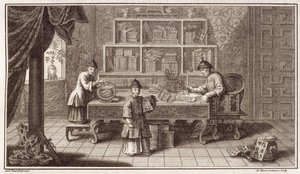 En kinesisk kalligrafibutik, fra en beretning om den hollandske ambassade i Kina, indgraveret af A. Maisonneuve, ca. 1670