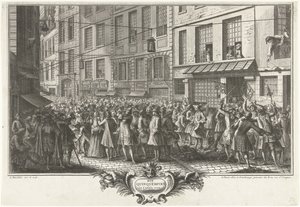 Fra Rue Quinquempoix, 1720 Rue Quinquempoix i år 1720 (titel på objekt) Het Groote Tafereel der Dwaasheid (serietitel) af Antoine Humblot