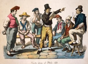 Historiefortæller på kajen, af Antoine-Jean-Baptiste Thomas (1791-1834), tryk, Frankrig