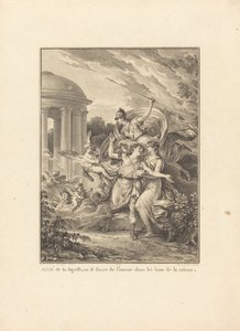 Frontispice: Hjælpet af visdom redder vi os selv fra kærlighed i fornuftens arme af Antoine Jean Duclos after Jean Michel Moreau