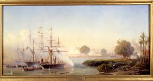 Episode af Cochinchine-ekspeditionen: "" Tilfangetagelse af citadellet i Saigon af viceadmiral Rigault de Genouilly kommanderende den fransk-spanske ekspeditionsstyrke 17/02/1859"" Maleri af Antoine Leon Morel Fatio (1810-1871) 1859 søn. 0,83x1,82 m