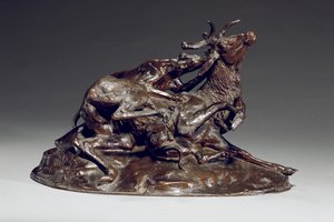 Hjort nedbragt af to greyhounds (bronze) af Antoine Louis Barye