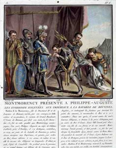Montmorency præsenteret for Philip Augustus (1165-1223) Efter slaget ved Bouvines, indgraveret af Jean Baptiste Morret (fl. 1790-1820) af Antoine Louis Francois (after) Sergent Marceau