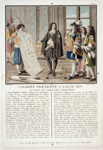 Jean Baptiste Colbert (1619-83) præsenterer kortet over Canal du Languedoc til Louis XIV, indgraveret af Jean Baptiste Morret (fl.1790-1820), 1788 af Antoine Louis Francois Sergent-Marceau