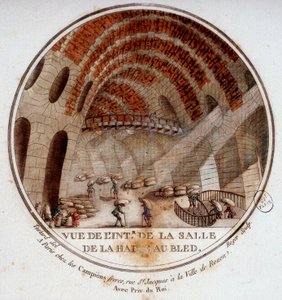 Udsigt over det indre af den nye markedshal bygget af Le Camus de Mézières mellem 1763 og 1766, i dag børsen i Paris. I prittoresque udsigt over hovedbygningerne i Paris af sergent af Antoine Louis Francois Sergent-Marceau