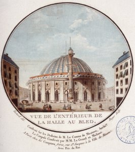 Udsigt til ydersiden af hvedemarkedet, Paris bygget af Le Camus de Mézières mellem 1763 og 1766, i dag børsen i Paris. I prittoresque udsigt over hovedbygningerne i Paris af sergent af Antoine Louis Francois Sergent-Marceau