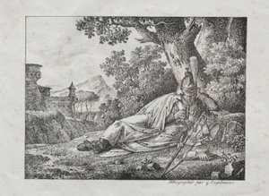 Samling af litografiske essays: Rygende drage ligger ved foden af ​​et træ, 1822.