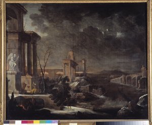 Landskab af gamle ruiner ved daggry af Antoine Pierre the Younger Patel