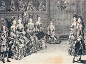 Hertugen af Burgund, hertuginden af Maine, prinsessen af Conti og hertugerne af Chartres lytter til musik, kobberstik, Frankrig